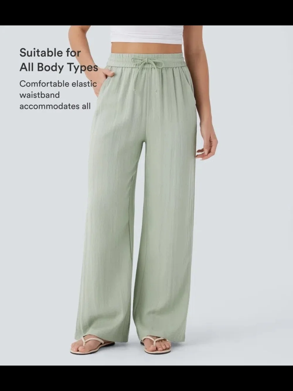 Halara High Waisted Drawstring Pocket Wide Leg Baggy Casual Linen-Feel Pants - Picture 4 of 5